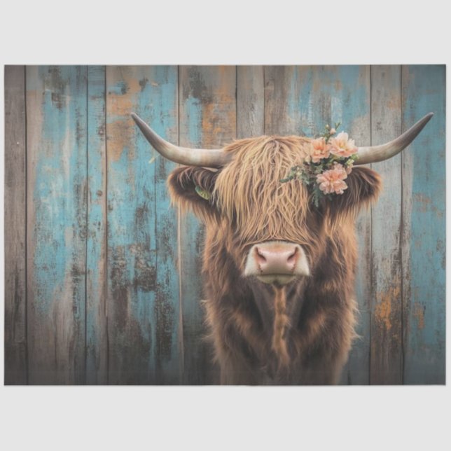 Decoupage Highland Cow Shaggy Fur Weathered Fence  Tissue Paper (Front)