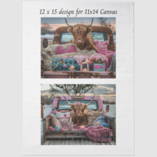 Decoupage Highland Cow Valentine Truck 11x14 Canva Tissue Paper