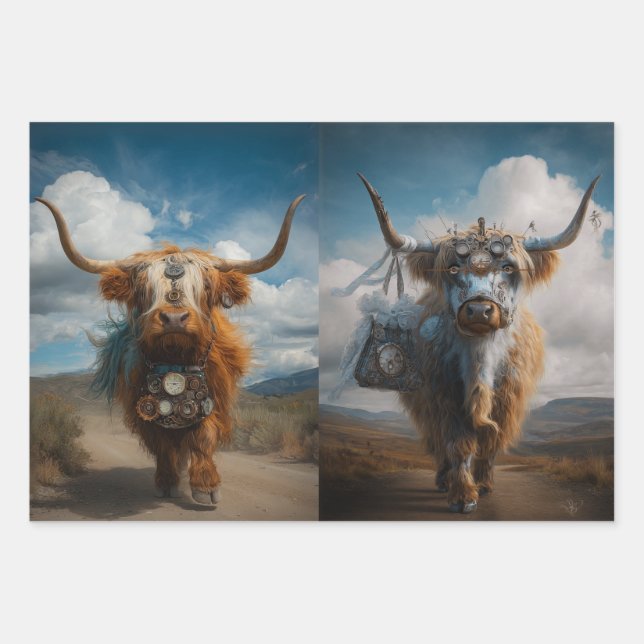 Decoupage Highland Haute Couture Steampunk Cows Wrapping Paper Sheets (Front)
