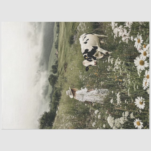 Decoupage Holstein Cow & Girl in Field Wildflower  Tissue Paper (Front)