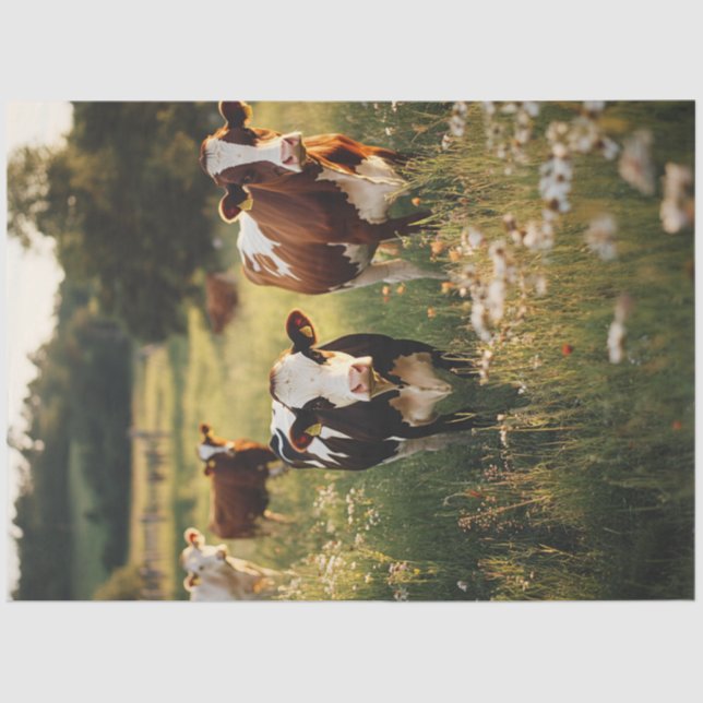 Decoupage Holstein Cows Standing Field Flowers  Tissue Paper (Front)