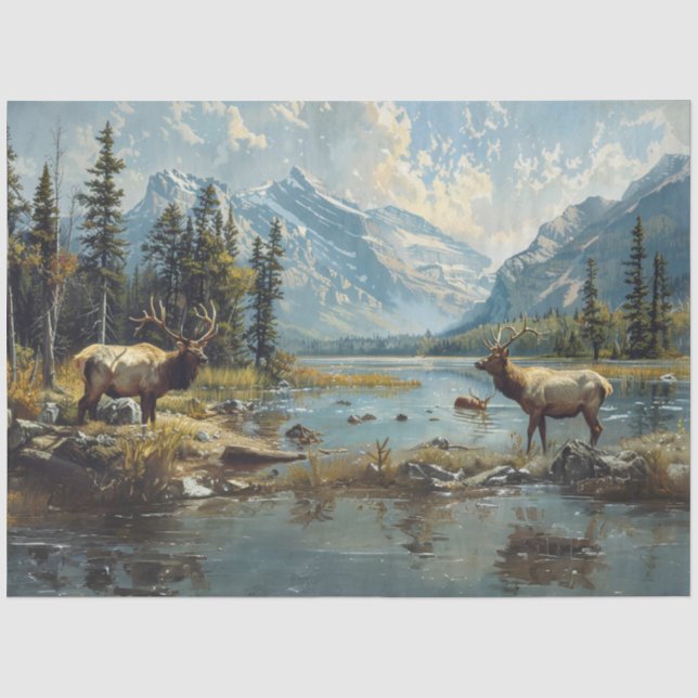 Decoupage Hunting Fishing Elk Mountains Snow Tissue Paper (Front)