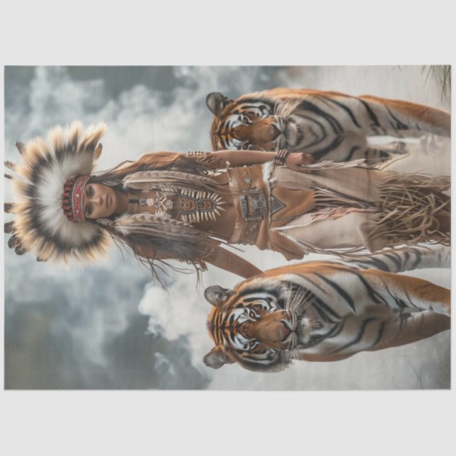 Decoupage Indian Woman 2 Bengal Tigers Tissue Paper (Front)