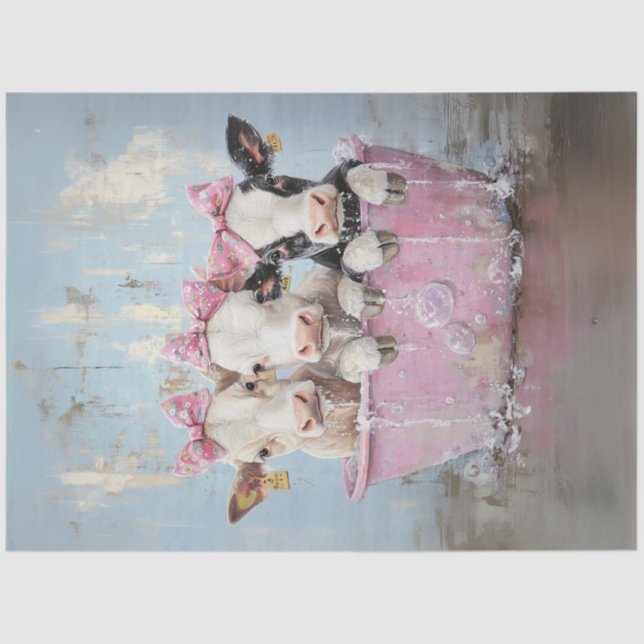 Decoupage Jersey Cows in Bubble Bath Pink Tub  Tissue Paper (Front)
