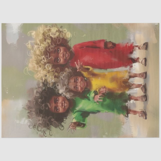 Decoupage Joyful Curly Headed Children in Red Tissue Paper (Front)