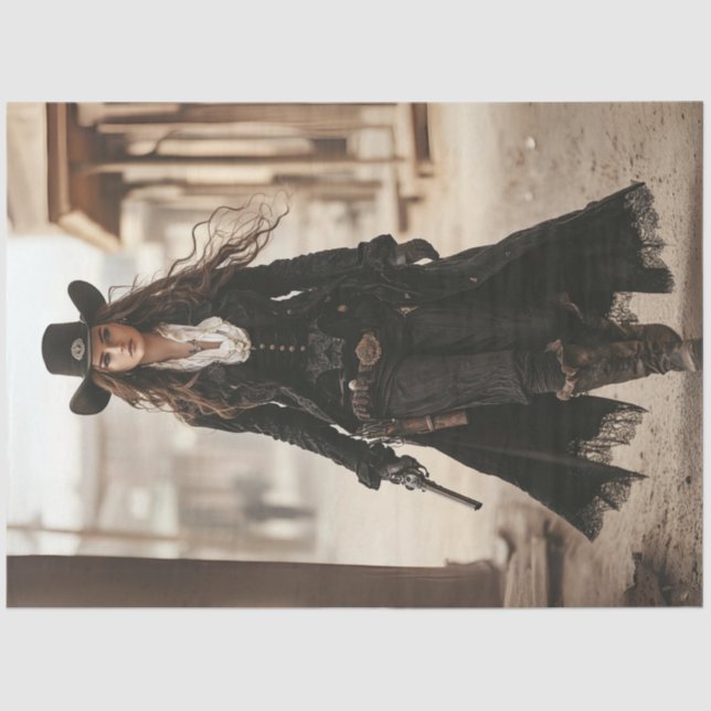 Decoupage Lady Sheriff in Black Western Style Tissue Paper (Front)