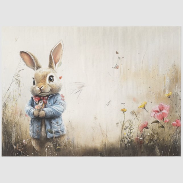 Decoupage Landscape Anthropomorphic Rabbit Field Tissue Paper (Front)