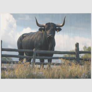 Decoupage Large Black Brahman Bull in Field  Tissue Paper