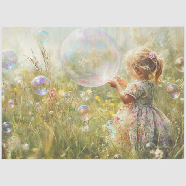 Decoupage Lil Girl Chasing Bubbles Field a Flowers Tissue Paper (Front)