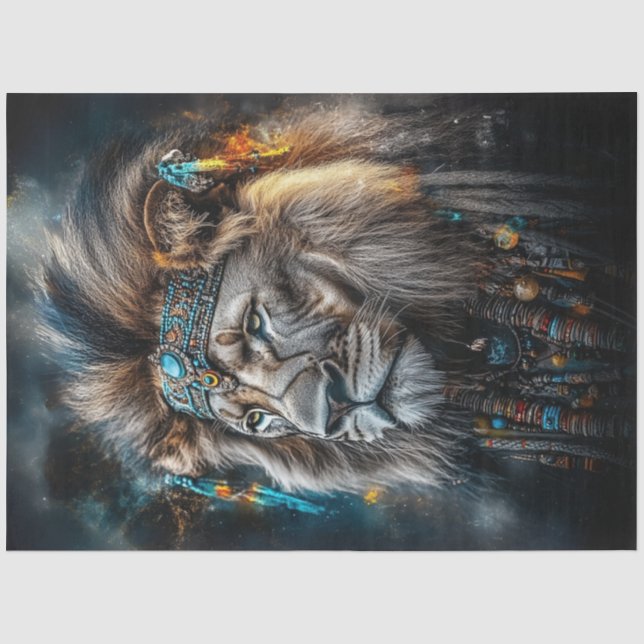 Decoupage Lion Adorned American Indian Headdress Tissue Paper (Front)