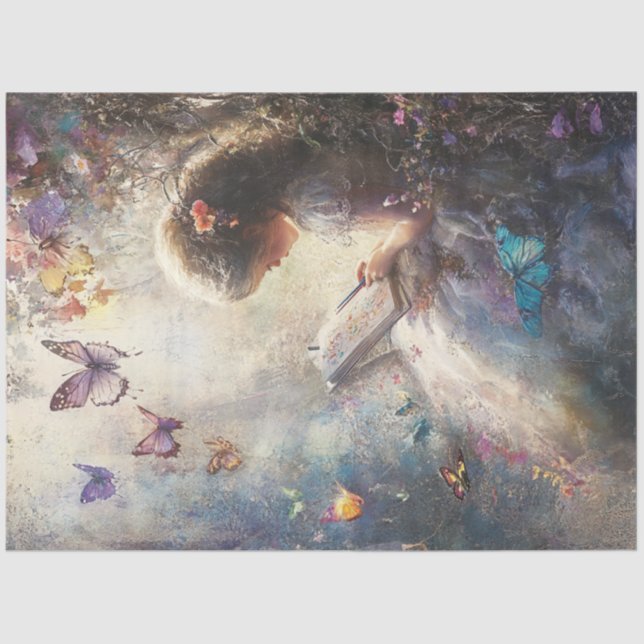 Decoupage Little Girl Color Butterflies Whimsical  Tissue Paper (Front)