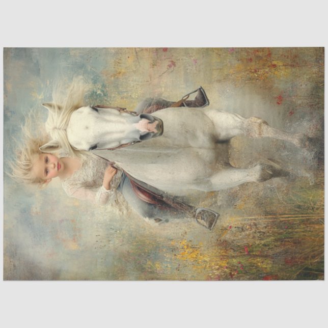Decoupage Little Girl White Horse Field Flowers Tissue Paper (Front)