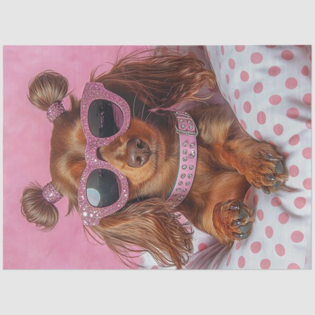 Decoupage Longhaired Dachshund in PINK  Tissue Paper (Front)