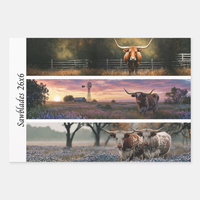 Decoupage Longhorn Wester Papers Sawblades Wrapping Paper Sheets (Front)
