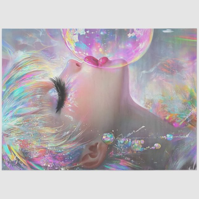 Decoupage Luminous Dressed Girl Blowing Bubble Gum Tissue Paper (Front)
