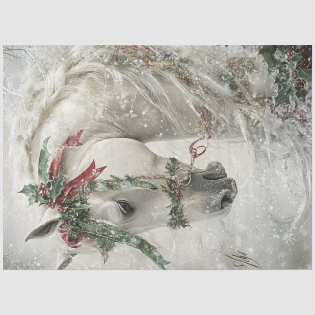 Decoupage Magical White Horse Winter Wonderland Tissue Paper (Front)