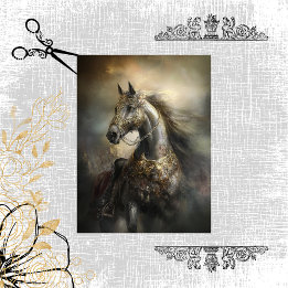 Decoupage Majestic Black Horse Golden Armor Crest Tissue Paper