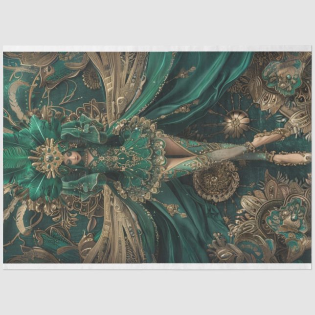 Decoupage Majestic Lady Dress in Green Masquerade  Tissue Paper (Front)