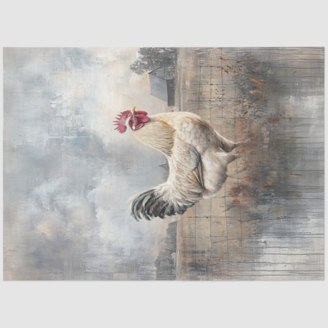 Decoupage Majestic White Rooster Sage Field Tissue Paper (Front)