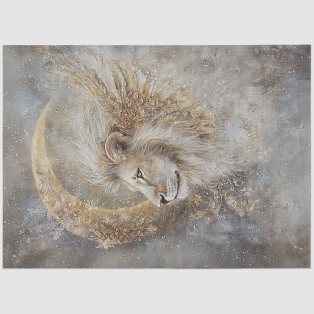 Decoupage Mystical Lions Head Crescent Moon Gold  Tissue Paper (Front)