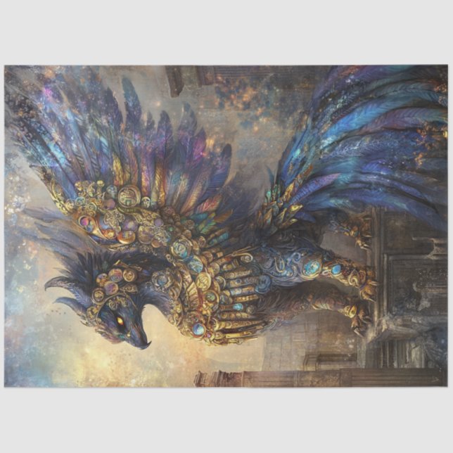 Decoupage Mythical Griffon Bird Purples Blue Gold Tissue Paper (Front)
