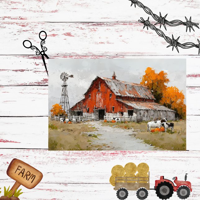 Decoupage Nostalgic Autumn Red Barn Cow Oil Paint Tissue Paper (Creator Uploaded)