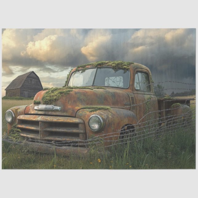 Decoupage Nostalgic Rusty Farm Truck Field Setting Tissue Paper (Front)