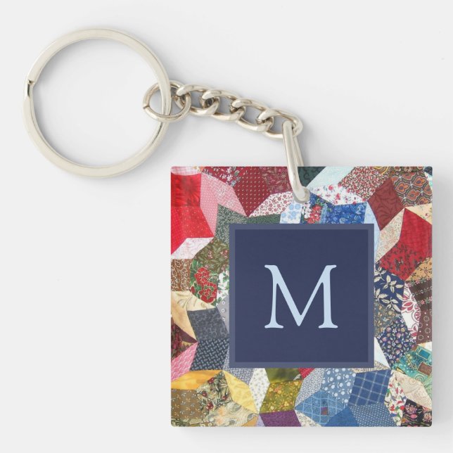 Decoupage Patchwork Stars Pattern Monogram Keychain (Front)