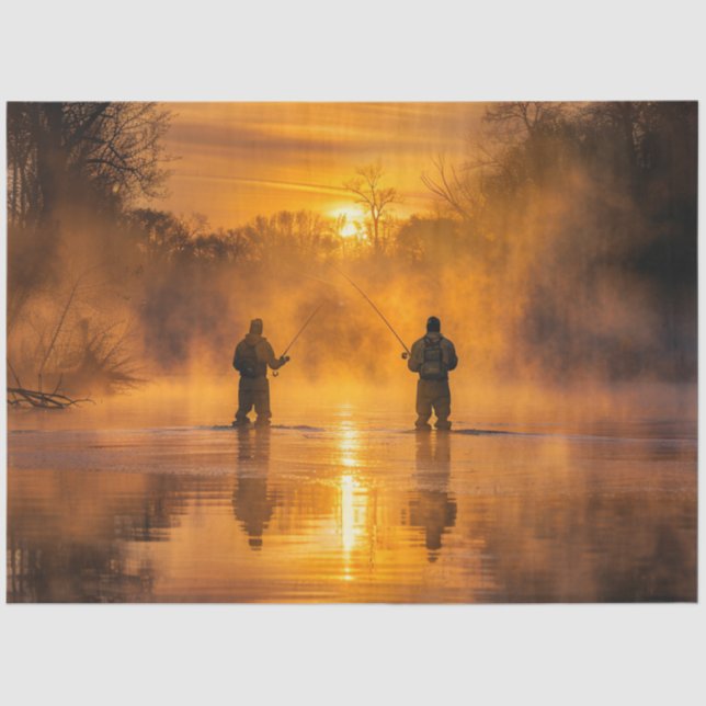 Decoupage Picturesque Landscape Men Fishing  Tissue Paper (Front)