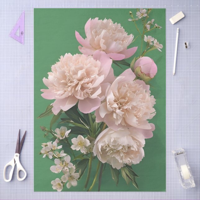 Decoupage Pink Peonies On Green Background Floral  Tissue Paper (Craft)