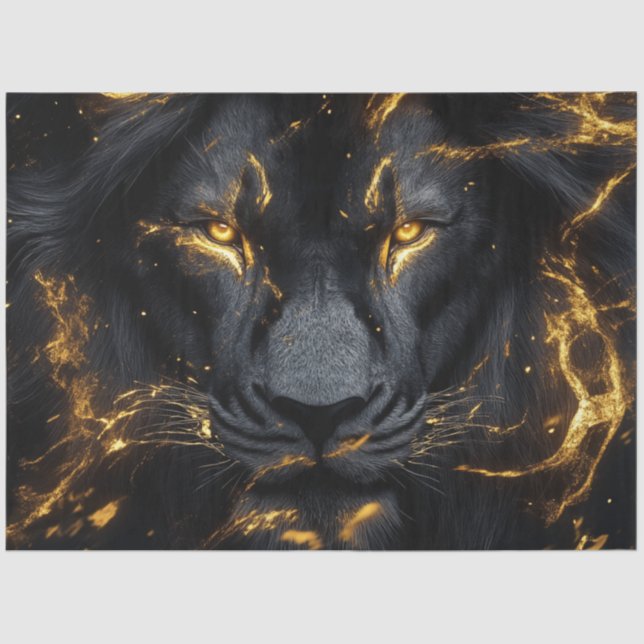 Decoupage Pitch Black Lion with Gold Closeup (Set) Tissue Paper (Front)