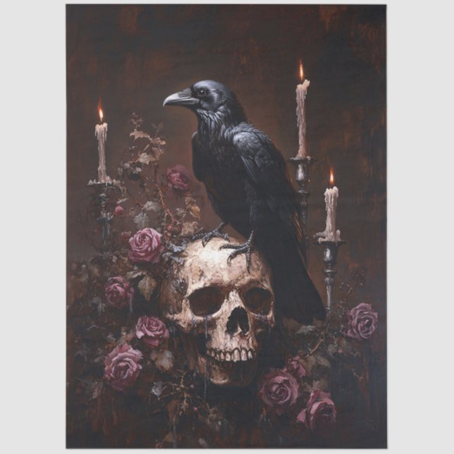 Decoupage Raven on Skull with Candles Tissue Paper (Front)