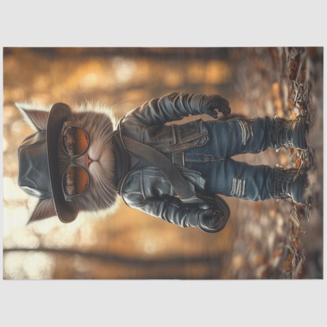 Decoupage Rebellious Cat Leather Jacket is Thug Tissue Paper (Front)