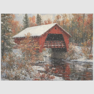 Decoupage Red Covered Bridge Winter Scene Tissue Paper