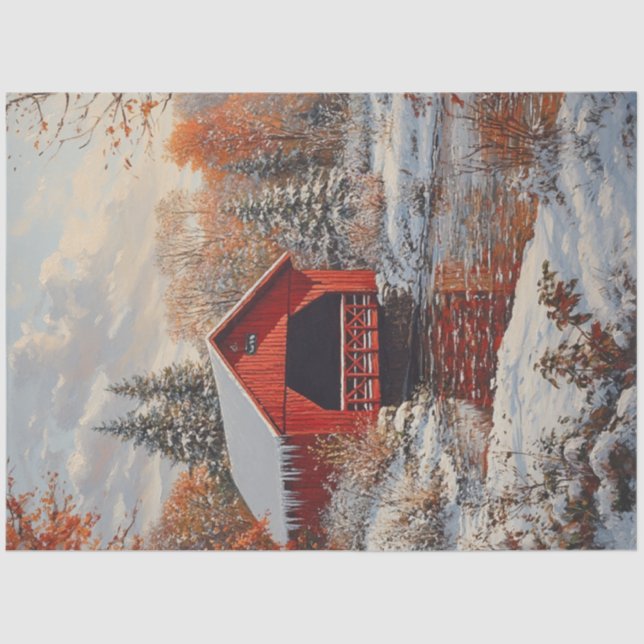 Decoupage Red Covered Bridge Winter Scene  Tissue Paper (Front)