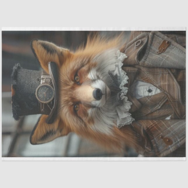 Decoupage Red Fox Steampunk Plaid Suit  Tissue Paper (Front)