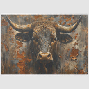 Decoupage Rust Finish Captivating Bull Sculpture  Tissue Paper