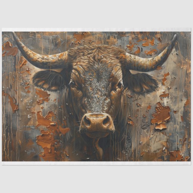 Decoupage Rust Finish Captivating Bull Sculpture  Tissue Paper (Front)