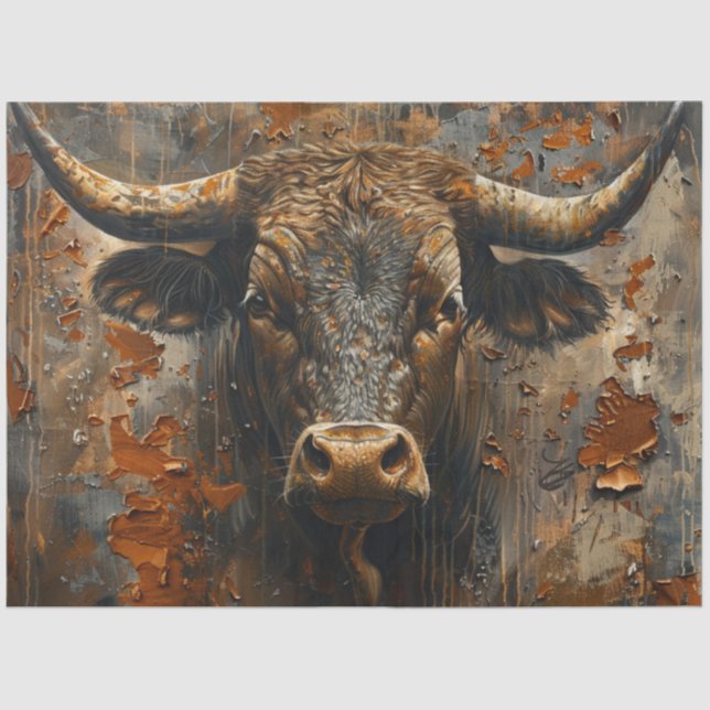 Decoupage Rust Finish Captivating Bull Sculpture  Tissue Paper (Front)