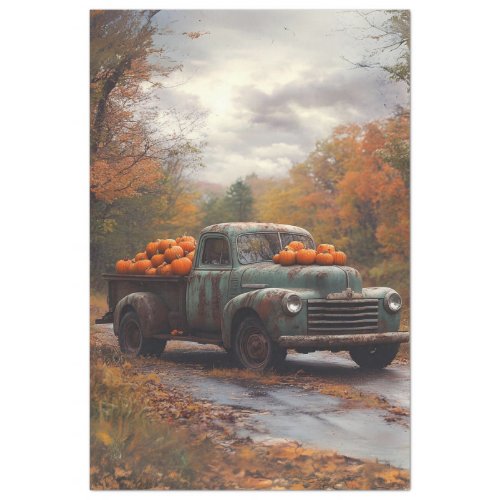 Decoupage Rusty Old Blue Truck Fall Scene Pumpkins Tissue Paper