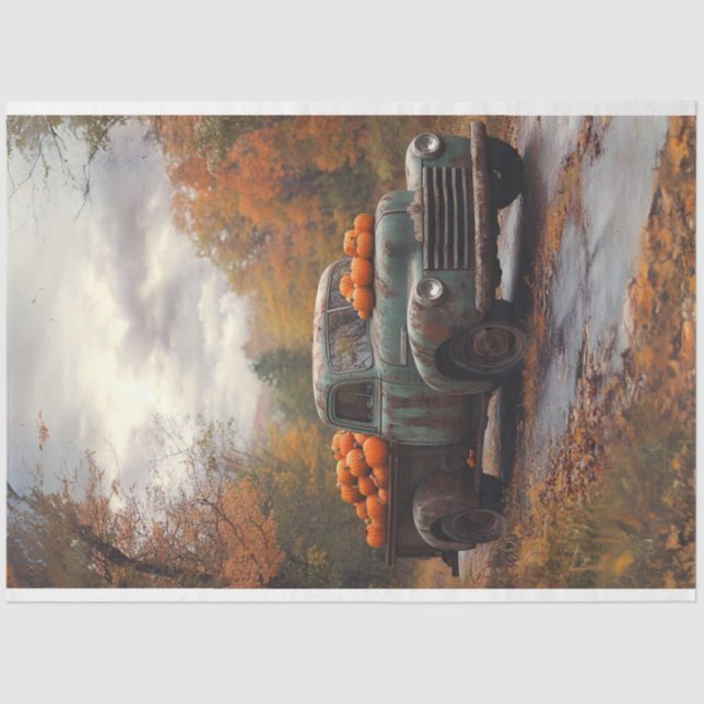 Decoupage Rusty Old Blue Truck Fall Scene Pumpkins Tissue Paper (Front)