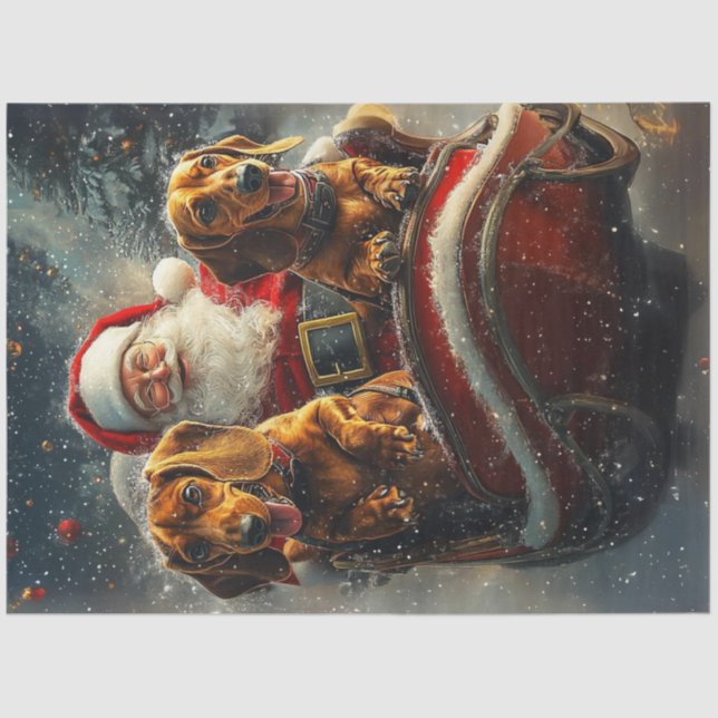 Decoupage Santa and 2 Dachshunds in Sleigh Snowing Tissue Paper (Front)