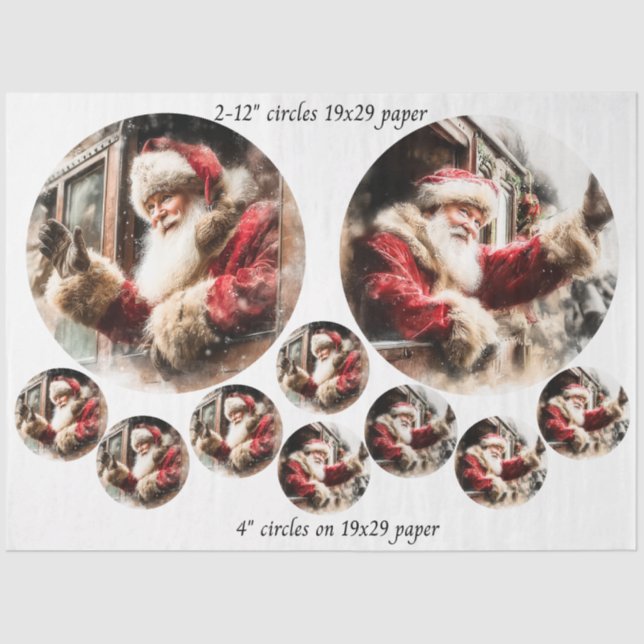 Decoupage Santa Waving From Train 12 & 4" Circles  Tissue Paper (Front)