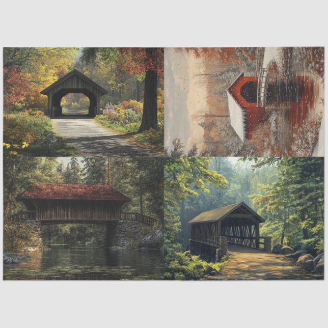 Decoupage Set of 4 Covered Bridges  Tissue Paper (Front)