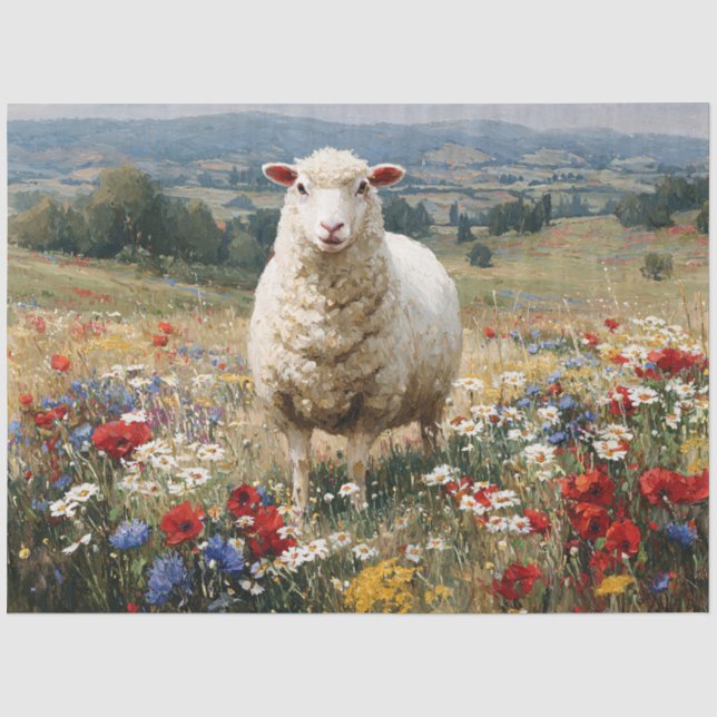 Decoupage Sheep Red White Blue Flowers Tissue Paper (Front)