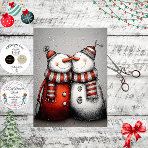 Decoupage Snowman Pair Red Hats Scarves Tissue Paper