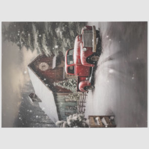 Decoupage Snowy Landscape Red Truck Barn Tissue Paper