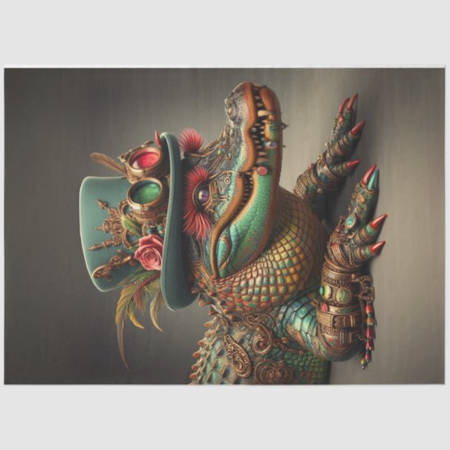 Decoupage Steampunk Alligator Top Hat with Feather Tissue Paper (Front)