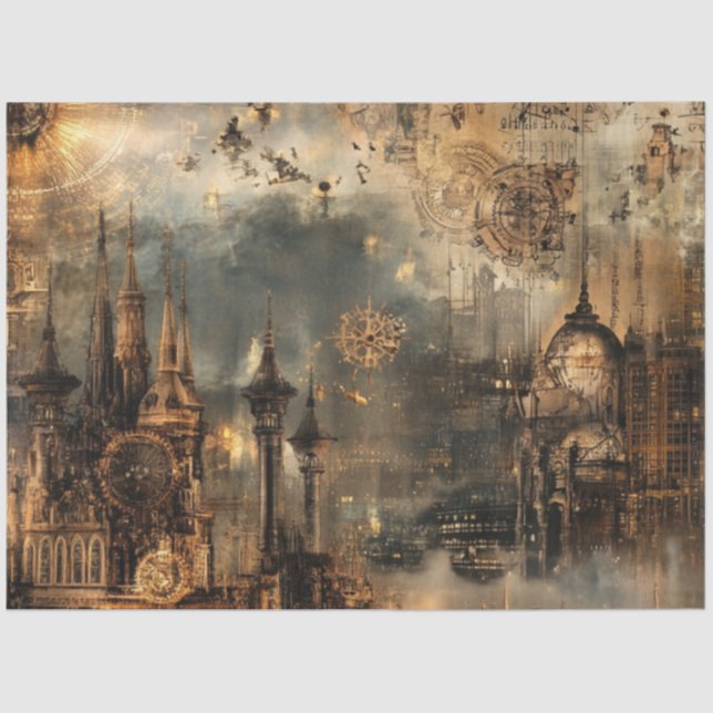 Decoupage Steampunk Cityscape Architectural Design Tissue Paper (Front)