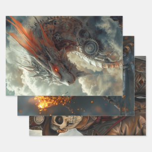 Decoupage Steampunk Dragon, Skull, & Couple  Wrapping Paper Sheets